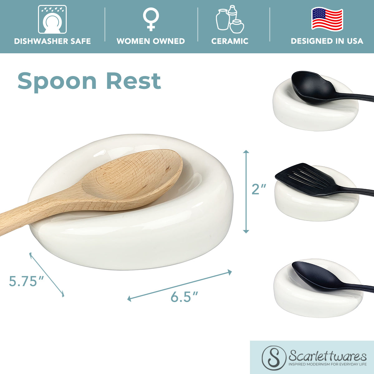 Spoon Rest Spatula Holder Ceramic White Farmhouse